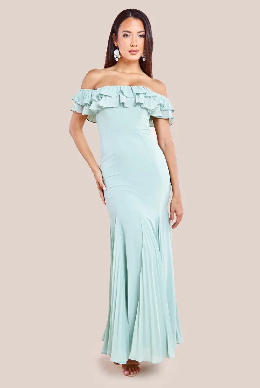 Goddiva Frilled Off The Shoulder Pleated Chiffon Maxi Dress - Sage Green