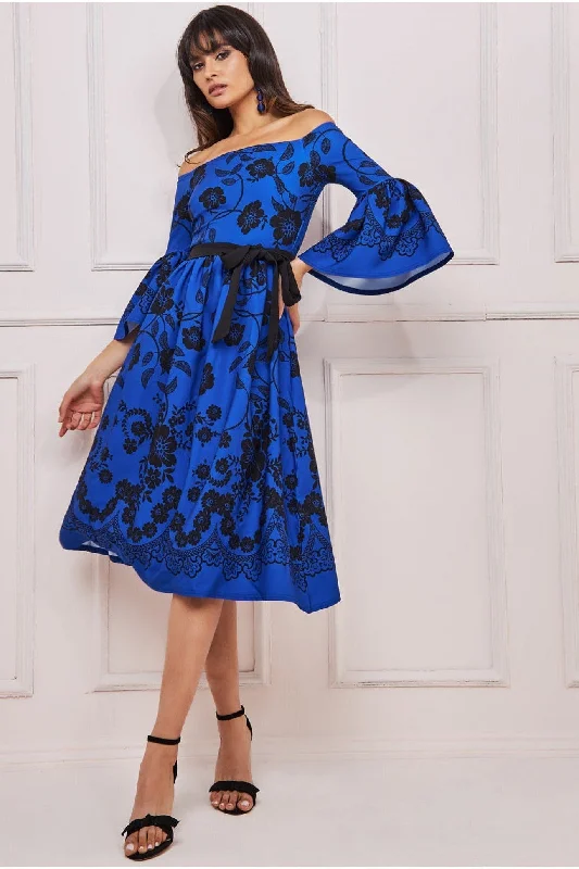 Goddiva Printed Off The Shoulder Midi Dress - Royalblue