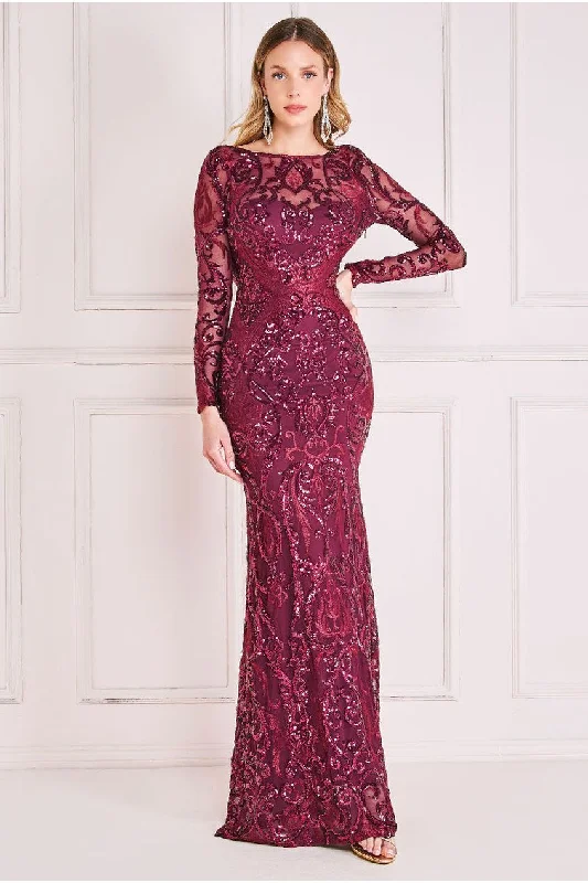 Goddiva Sequin Cowl Back Maxi -  Burgundy