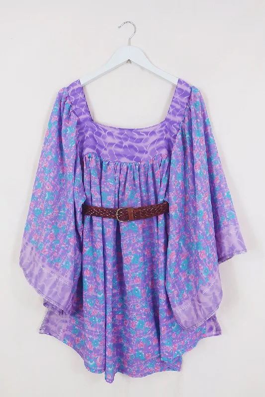 Honey Mini Dress - Blossom Floating in a Lilac Pool - Vintage Indian Sari - Free Size