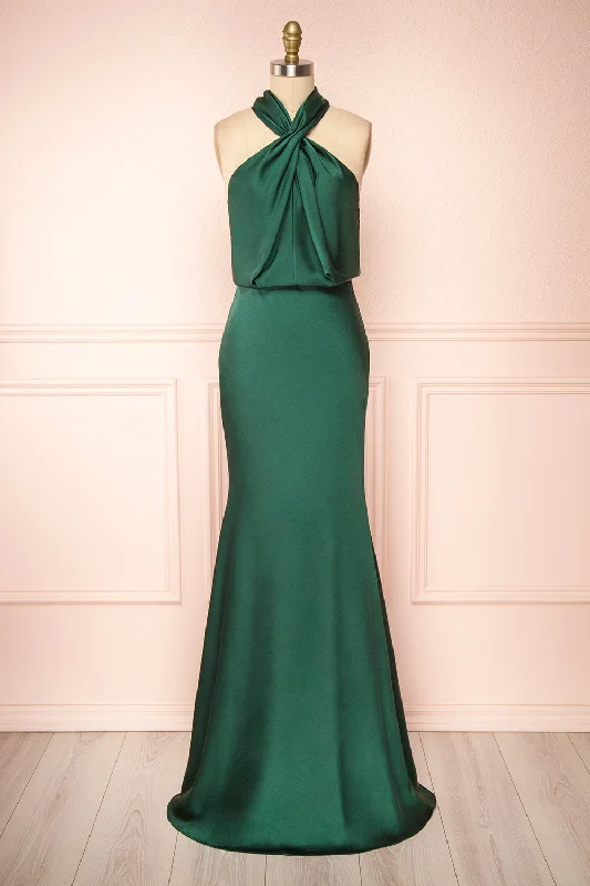 Jinny Emerald | Satin Halter Maxi Dress