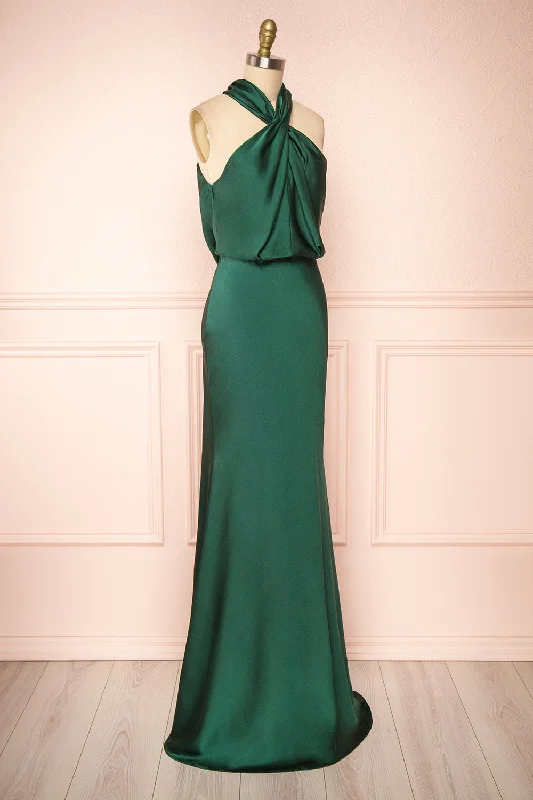 Jinny Emerald | Satin Halter Maxi Dress