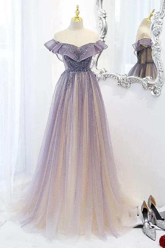 Light Purple A Line Shiny Bling Bling Scoop Short Sleeves Tulle Prom Dress OK1379