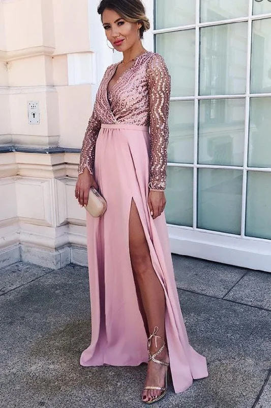 Long Sleeve A-line V-neck Floor-length Sequin Chic Long Prom Dresses with Slit OKG24