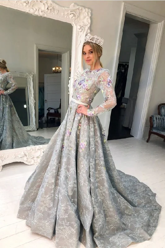 Long Sleeve Grey Lace A Line Long Evening Prom Dresses for Teens OKG90