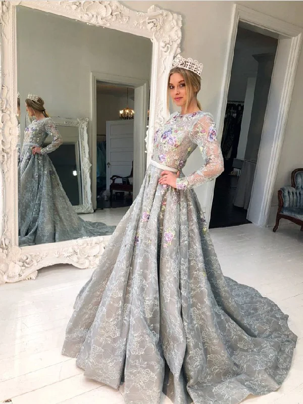 Long Sleeve Grey Lace A Line Long Evening Prom Dresses for Teens OKG90