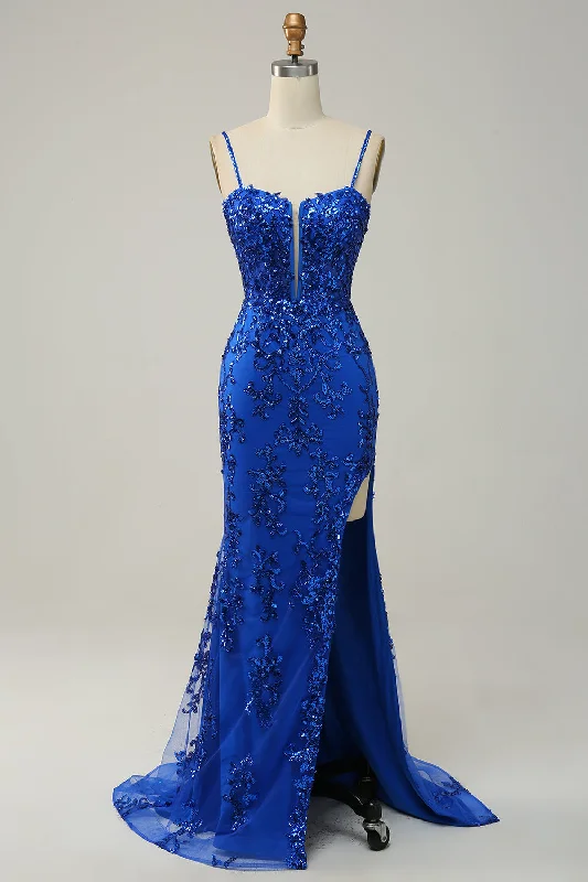 Mermaid Spaghetti Straps Royal Blue Sequins Long Prom Dress with Split Front