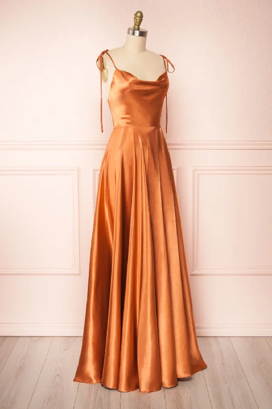 Moira Rust | Cowl Neck Satin Maxi Dress w/ High Slit