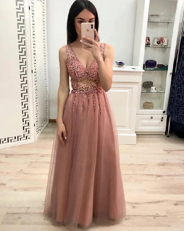 New A Line V Neck Beading Prom Dress, Long Tulle Prom Dress OKK23