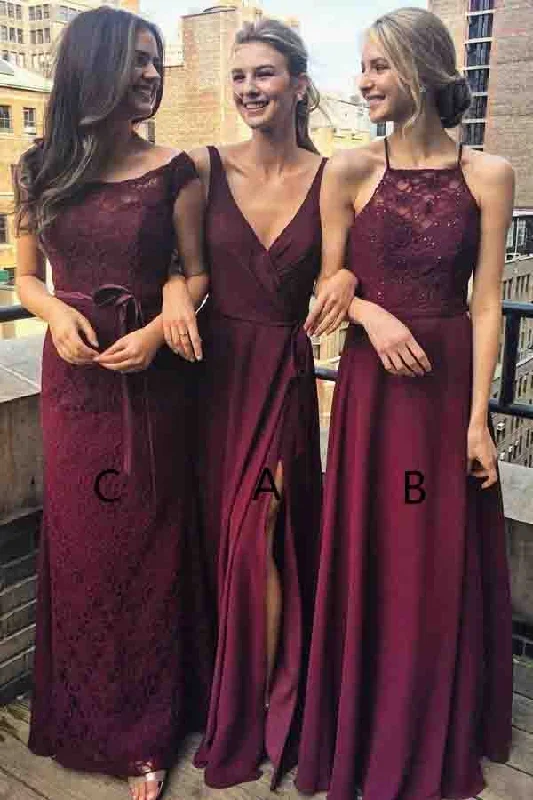 New Arrival A-Line V-Neck Floor-Length Burgundy Chiffon Long Bridesmaid Dress wtih Split OK450