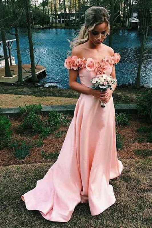 New Arrival Off the Shoulder A Line Pink Satin Long Prom Dresses with Flowers OKA57