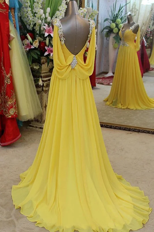 new Pretty V-neck Long Chiffon Backless Beaded Prom Dress K44