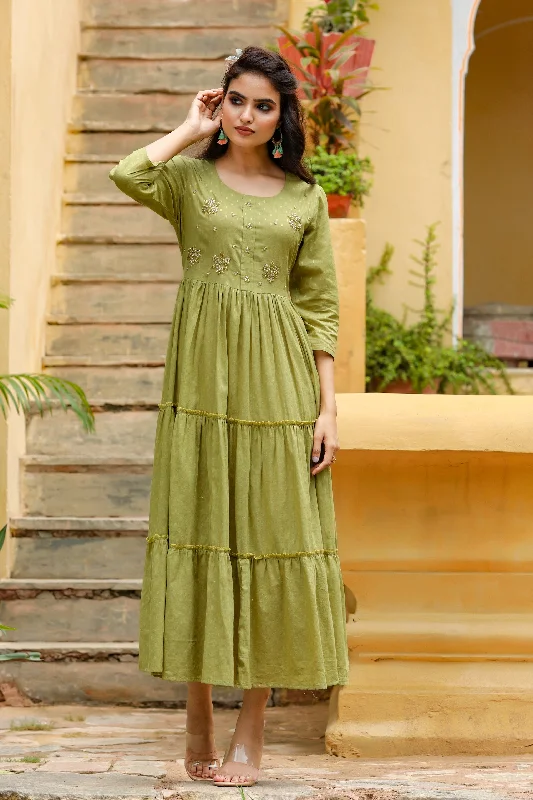 Women's Olive Green Tired Dress - Yufta