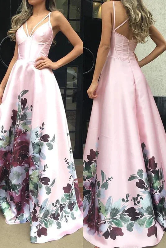 Pink A Line Satin Floral Prints Spaghetti Strap A-Line Prom Dresses OK2000