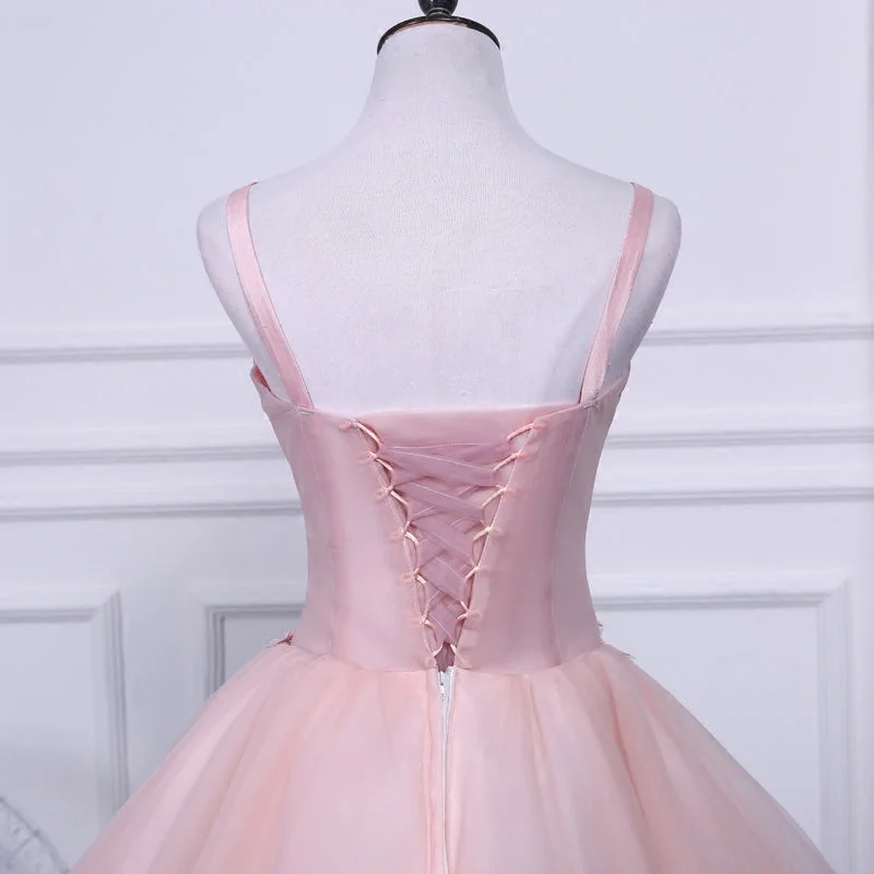 Pink A Line Tulle Spaghetti Straps Homecoming Dress With Appliques OKN54