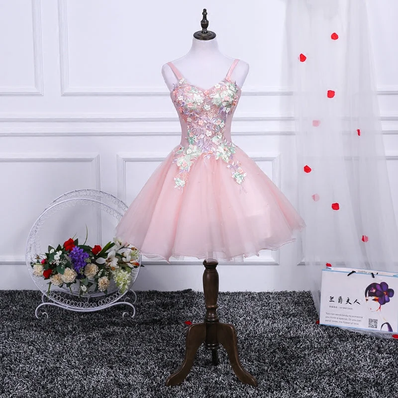 Pink A Line Tulle Spaghetti Straps Homecoming Dress With Appliques OKN54