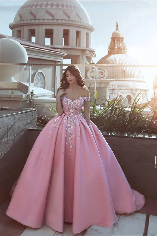 Pink Off the Shoulder Ball Gown Lace Appliques Satin Prom Dresses OK903