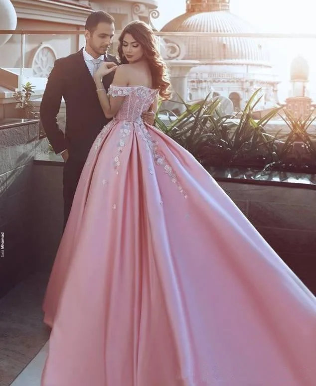 Pink Off the Shoulder Ball Gown Lace Appliques Satin Prom Dresses OK903