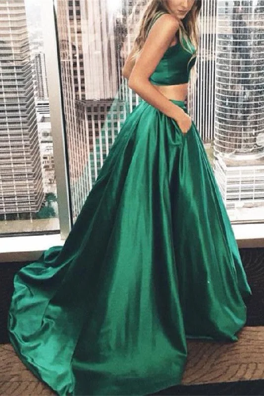 Plus Size Two Pieces Green Satin Long A-line Cheap Simple Modest Prom Dress For Teens K764