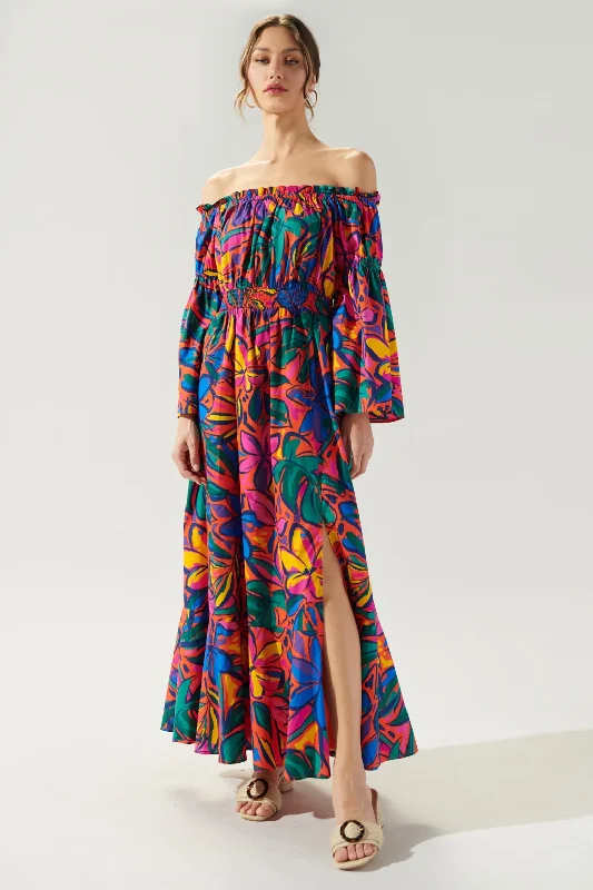 Rainbow Tropics Off the Shoulder Bell Sleeve Midi Dress