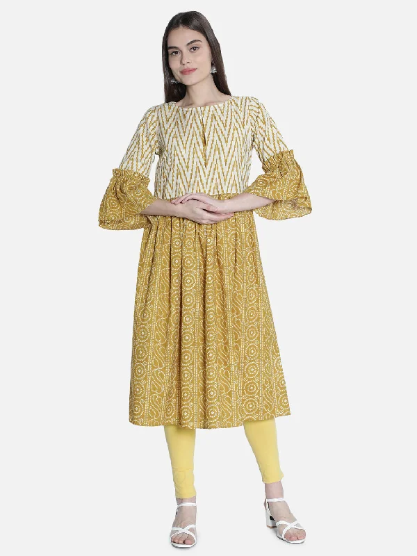 Women Mustard And Off White  Printed Dress