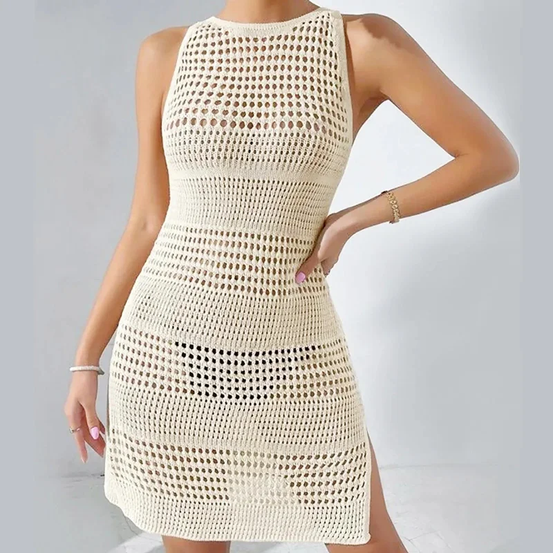 Sexy Hollow Backless Knitted Beach Swimsuit Cover Up Fashion Summer Dress