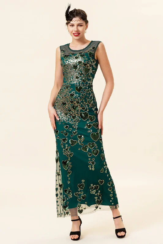 Sheath Round Neck Dark Green Love Heart Beaded Gatsby 1920s Dress