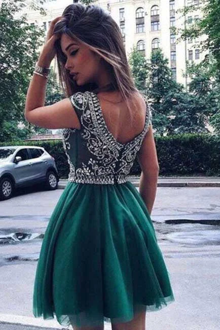 Short Beads Hunter Green Tulle A Line Prom/Homecoming Dresses,Cocktail Party Dresses OK315