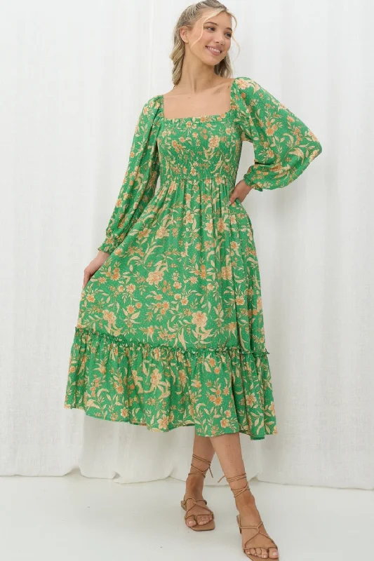 Siarne Shirred Midi Dress - Green