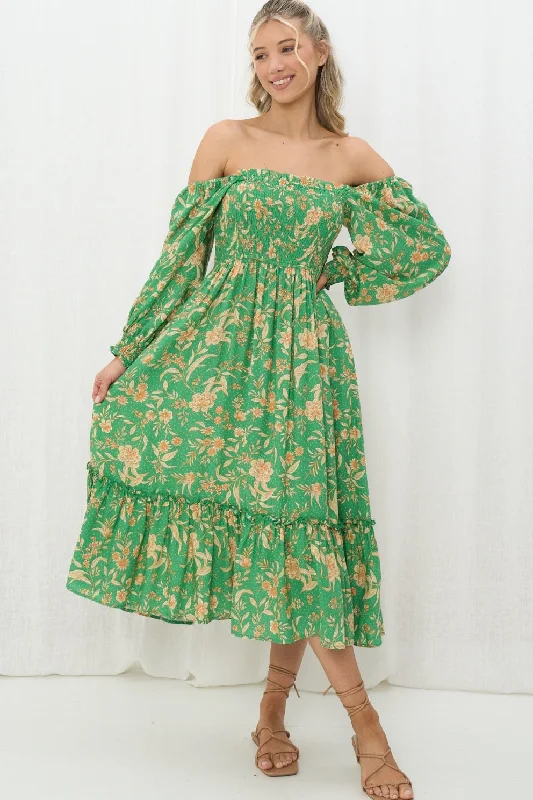 Siarne Shirred Midi Dress - Green