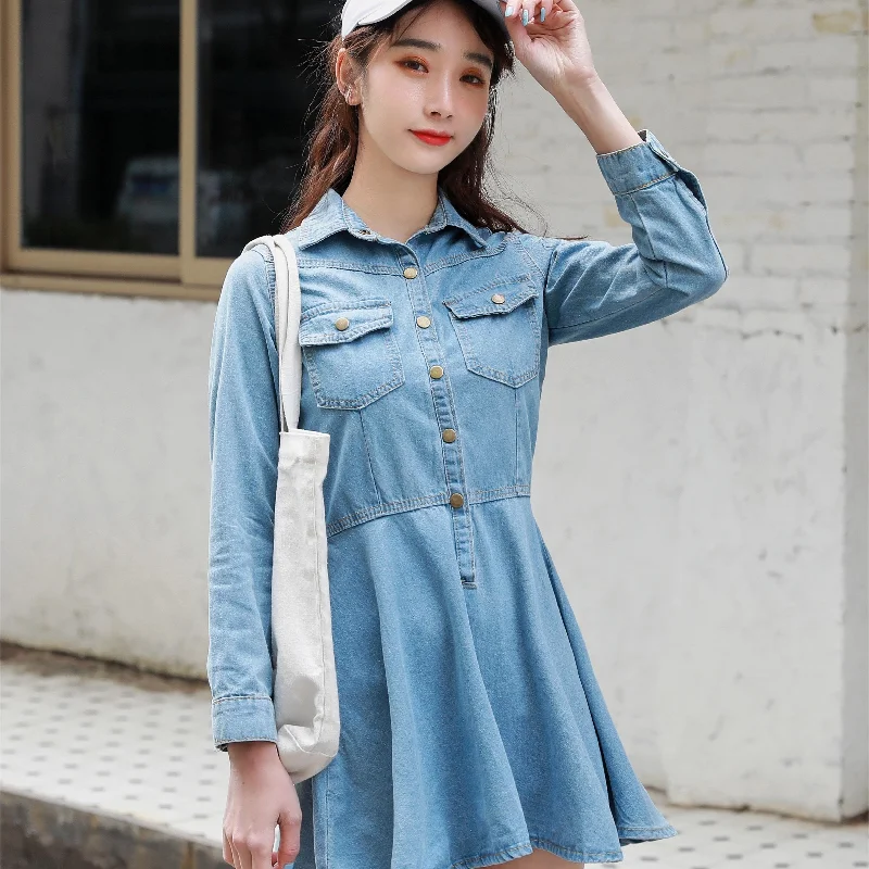 Sixsr Blue Flap Pockets Denim Dress, Long Sleeves Single Breasted Button Lapel Denim Dress, Women's Denim Clothing