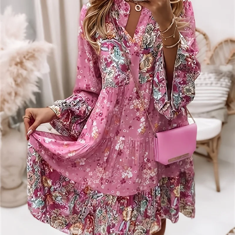 Sixsr Floral Print Ruffle Hem Dress, Boho Holiday Long Sleeve V-neck Dress, Women's Clothing