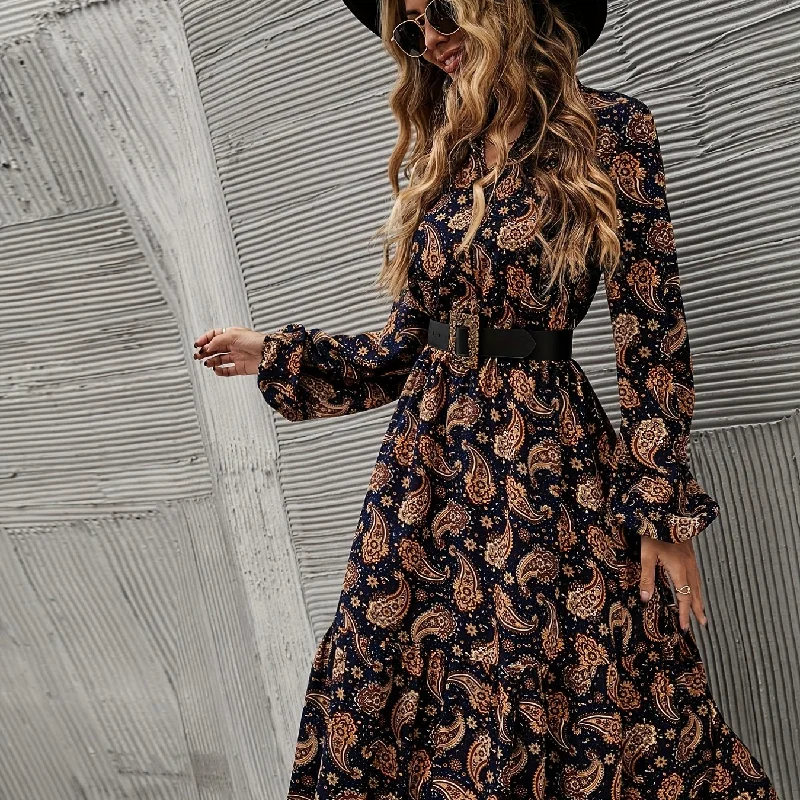 Sixsr Paisley Print Button Front Dress, Elegant Lantern Sleeve Dress For Spring & Fall, Women's Clothing