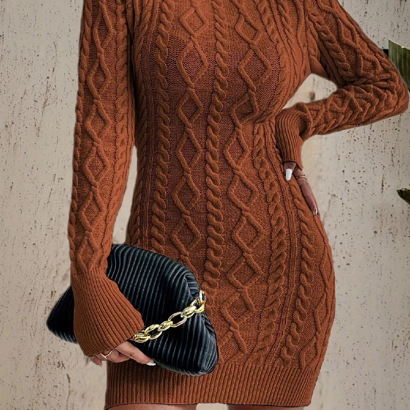 Sixsr Solid Cable Knit Sweater Dress, Casual Bodycon Long Sleeve Dress, Women's Clothing