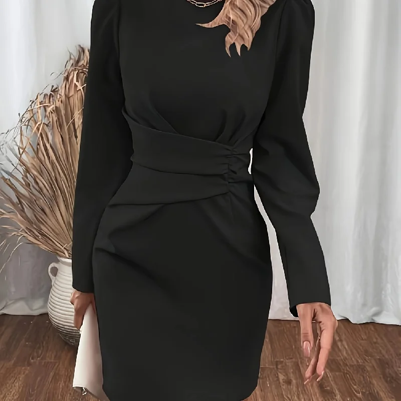 Sixsr Solid Color Bag Hip Dress, Elegant Waist Slim Crew Neck Long Sleeve Dress For Fall & Winter, Women's Clothing