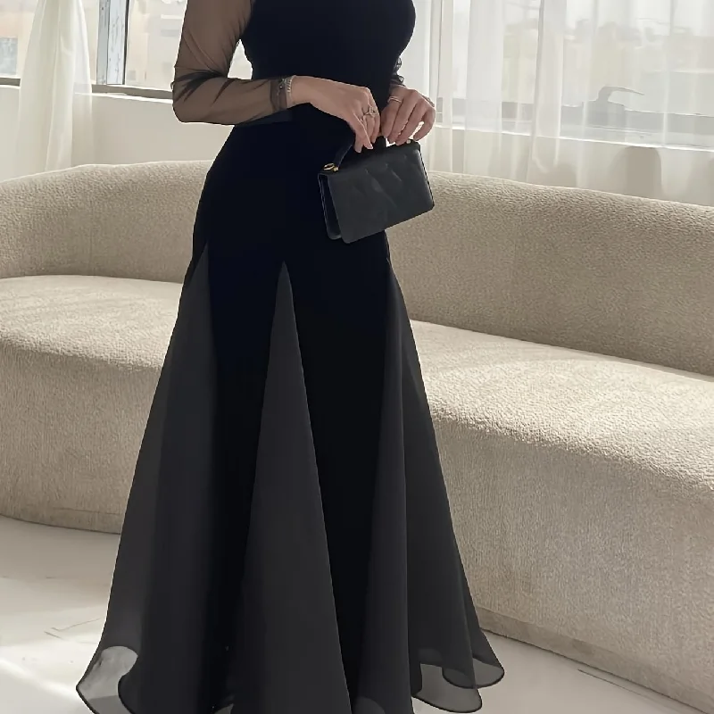 Sixsr Solid Mesh Splicing Mock Neck Dress, Elegant Long Sleeve Swing Maxi Dress For Party & Banquet, Women's Clothing