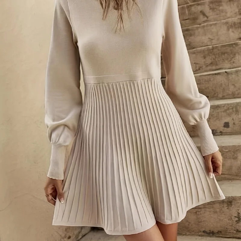 Sixsr Solid Pleated Dress, Elegant Crew Neck Long Sleeve Dress For Spring & Fall, Women's Clothing