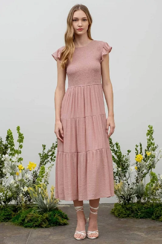 Smocked Tiered Midi Dress Style 2029 in Blush