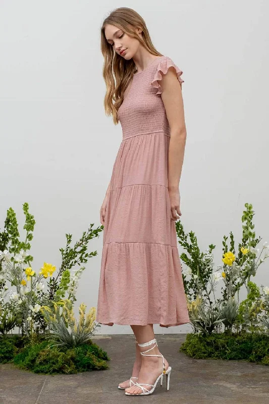 Smocked Tiered Midi Dress Style 2029 in Blush