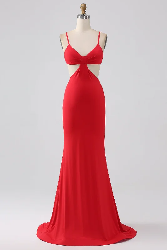 Spaghetti Straps Mermaid Backless Red Long Prom Dress