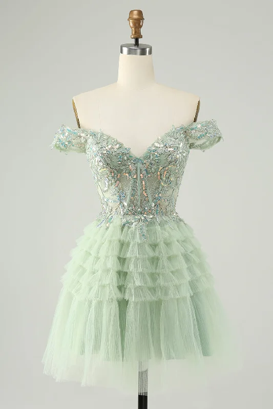 Sparkly Light Green A Line Off The Shoulder Corset Tulle Homecoming Dress