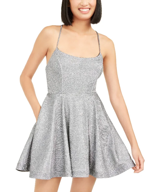 Speechless Juniors' Shimmer Square Neck Lace-Back Dress, Silver, 13/L