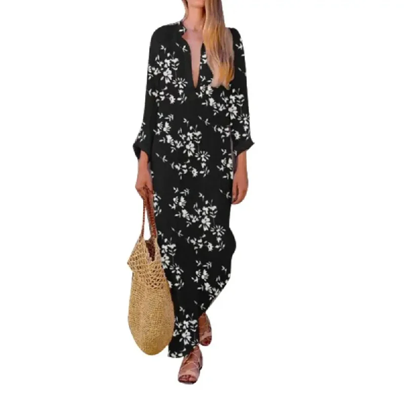 FashionSierra - 2024 Spring Casual V-Neck Slit Maxi Tunic Boho Dress