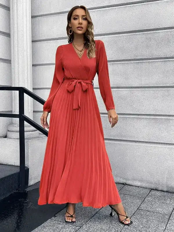 V-neck Long-Sleeved Pleated A-line Midi Dress