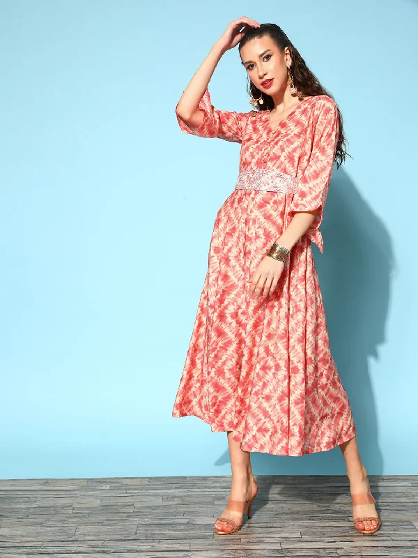 Women's Peach & Off White Tie And Dye Printed Ethnic Maxi Dress - Yufta