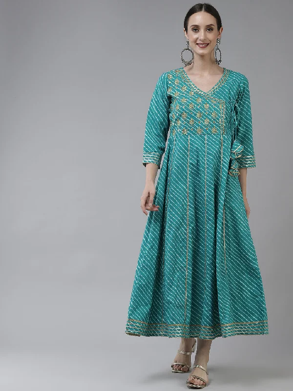 Women's Sea Green Embroidery Angrakha Style Dress - Yufta