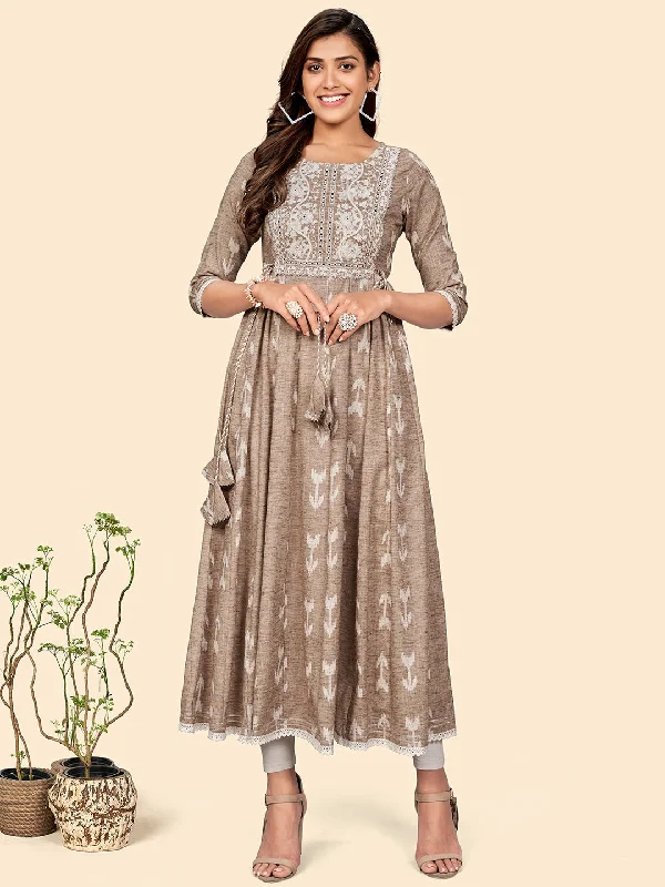 Women's Embroidered Anarkali Cotton Blend Light Brown Stitched Dress - Vbuyz