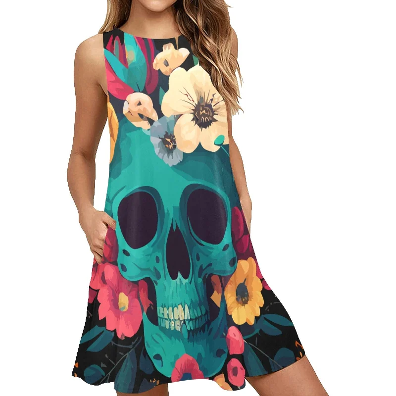 Women's Blue Skull Floral Sleeveless A-Line Pocket Dress