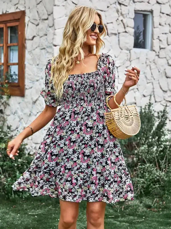 Women’s French square collar skirt short sleeve Floral Dress