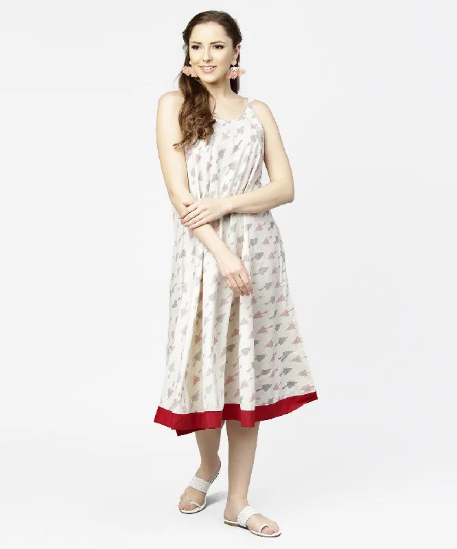 Women's Off White Printed Sleeveless Cotton A-Line Dress - Nayo Clothing